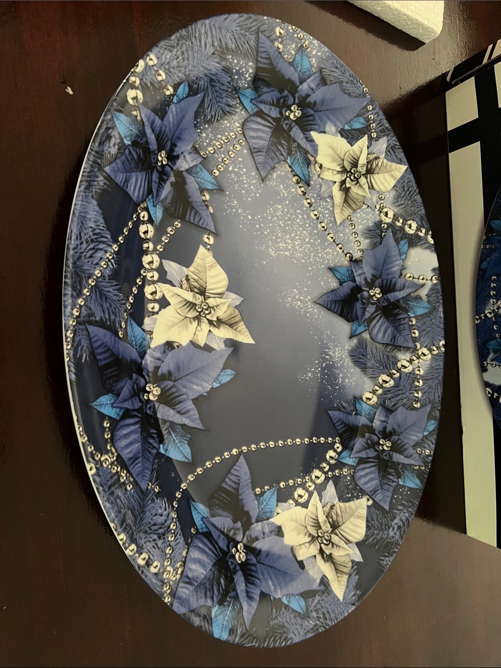 Blue & Cream Poinsettia Decorative Oval Platter
